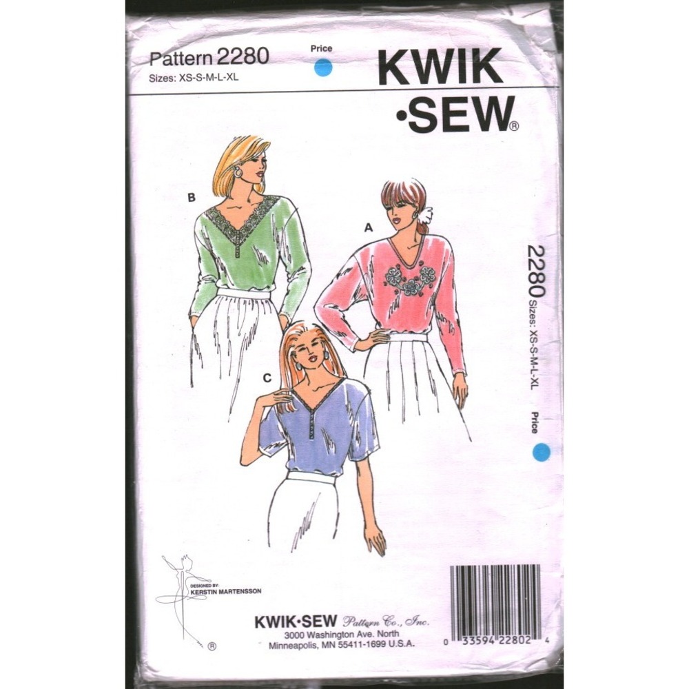 Kwik Sew 2280 Misses Tops Sewing Pattern Kerstin Martensson V-Neck Lace‎ XS-XL